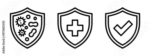 Modern line icons set of health protection, immunity, medical safety, antivirus Immunity and health protection icons with germ shield, medical cross, and checkmark, symbolizing defense and safety.
