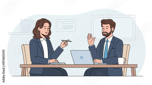 Business meeting: woman interviewer and man interviewee at desk with laptop