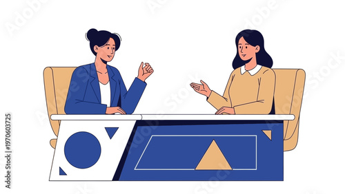 Two women in business attire in a meeting, one speaking, the other listening.