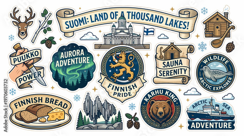 Finnish Culture Stickers: Aurora, Sauna, Nature, Food, Landmarks