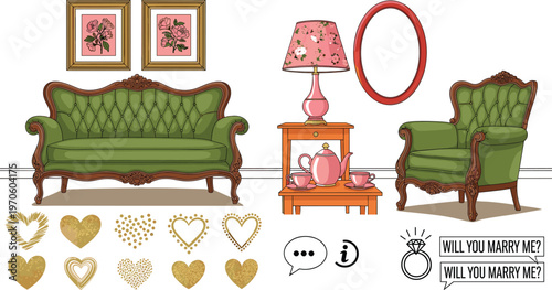Vintage Living Room Furniture Vector Set with Classic Sofa, Armchair, Tea Table, Lamp, Decorative Hearts and Wedding Proposal Elements