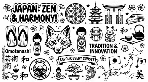 Japan Culture Doodle Art: Zen, Harmony, Tradition, Innovation