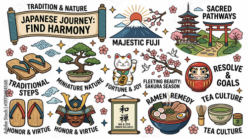 Japan Culture Icons: Fuji, Samurai, Daruma, Sakura