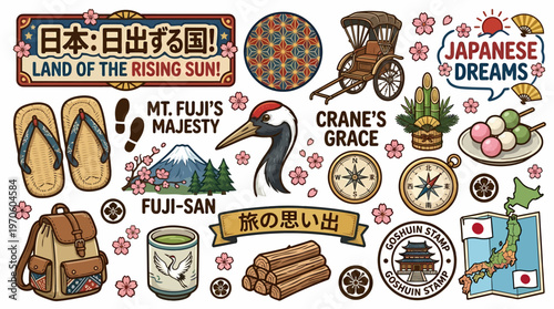 Japan Culture Travel Icons: Fuji, Crane, Rickshaw, Tea, Food