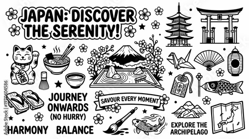 Japan Discover Serenity Travel Icons Doodle Art
