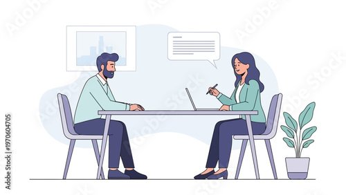 Job Interview: Man and Woman Discussing at Desk with Laptop and Plant