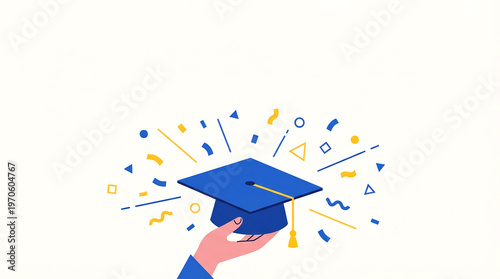 Hand holding blue graduation cap with yellow tassel amidst festive confetti expressing joy and proud achievement on white background