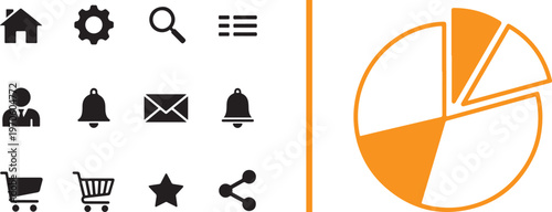 Vector set featuring minimalist solid black UI icons for home, search, and mail alongside a large, stylized orange pie chart with segmented slices, representing data visualization and navigation.
