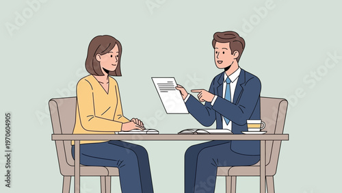 Business meeting: man explaining document to woman at desk, professional discussion