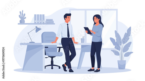 Business meeting in office: man and woman discuss project on tablet