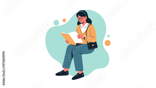 Young Woman Reading Book Outdoors on Abstract Background