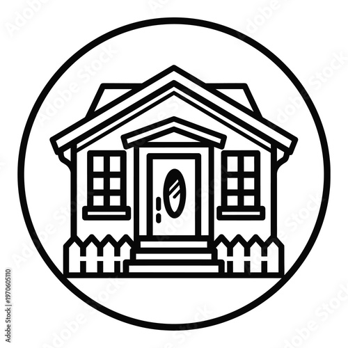 Simple line drawing of a house with a fence and picket gate front icon