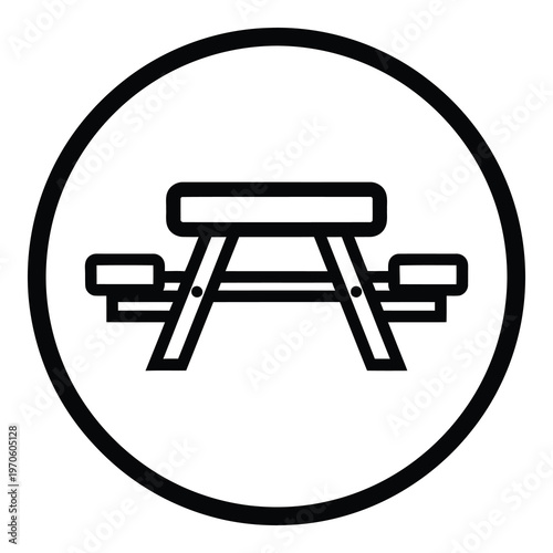 Simple line drawing of picnic table in a circle icon  outdoor furniture symbol icon