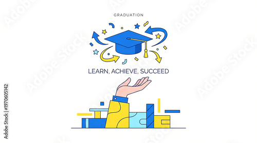 Inspiring education concept illustration showing graduation cap floating above hand with books below encouraging students to learn achieve and succeed for future success and learning achievement