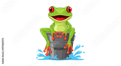 Joyful cartoon frog with bright red eyes sits happily in a metal bucket splashing water isolated on a clean white