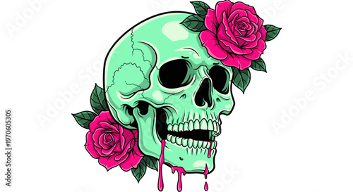Ethereal mint green skull adorned with vibrant pink roses and dripping pink liquid conveying a surreal macabre beauty
