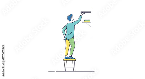 This vector illustration shows a young man standing on a wooden stool while reaching for an item on a high shelf against a white wall.
