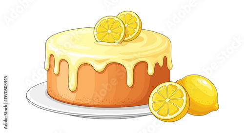 Brightly colored cartoon style lemon cake with creamy yellow frosting dripping down the sides topped with citrus slices