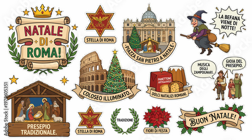 Rome Christmas Symbols: Nativity, Colosseum, St. Peter's, Befana
