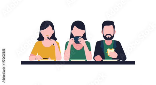 Diverse group of three people sitting at a table enjoying drinks and snacks engaged in casual conversation