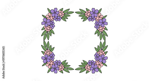 Elegant square floral frame with delicate purple and pink blossoms and green leaves perfect for invitations cards