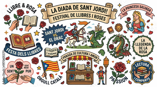 Saint George Day Festival: Books, Roses, Knight, Dragon, Catalonia
