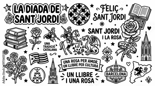 Sant Jordi Catalonia Day Celebration: Knight, Dragon, Books, Roses