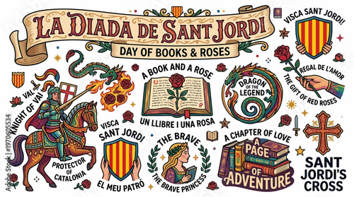 Sant Jordi Day Books Roses Dragon Knight Catalonia Celebration