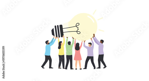 A diverse group of people works together to lift a giant glowing light bulb, representing collective innovation, creativity, and teamwork.