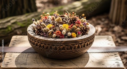 Hand-carved wooden bowl filled with a natural assortment of dried autumn flowers and pinecones