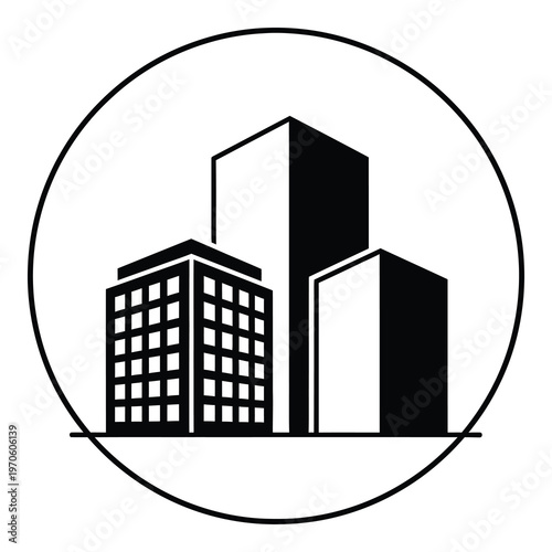 Black and white cityscape with buildings in a circle  urban landscape icon