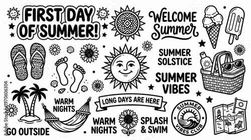 Summer Vibes Hand-Drawn Icons: First Day of Summer, Sun, Beach