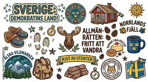Sweden Culture & Nature Icons: Moose, Fika, Mountains, Flags