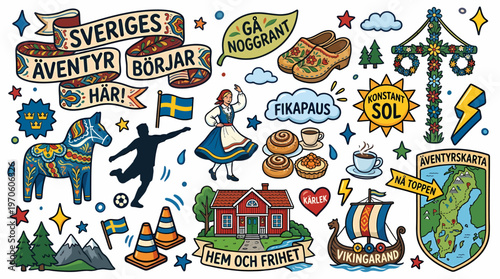 Sweden Adventure Map & Symbols Vector Illustration