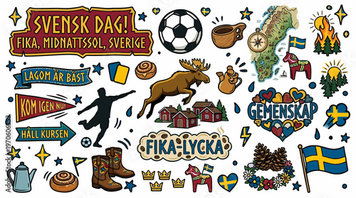 Sweden Culture Symbols Collage - Fika, Moose, Flags, Dala Horse