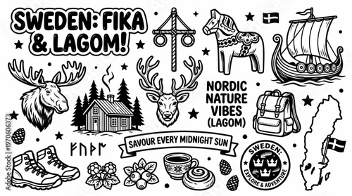 Sweden Fika Lagom Nordic Vibes Moose Viking Map