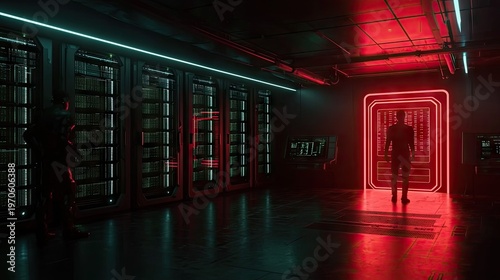 Figures stand within a dimly lit futuristic data center illuminated by contrasting neon lights