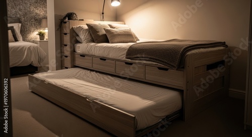 Multifunctional wooden sleeping unit with integrated storage drawers and a pull-out trundle bed, illuminated by soft room lighting