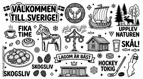 Sweden Welcome Fika Nature Viking Culture Icons Vector Art