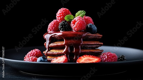 Stack of dark flavored flatbreads drenched in thick syrup and crowned with fresh mixed berries