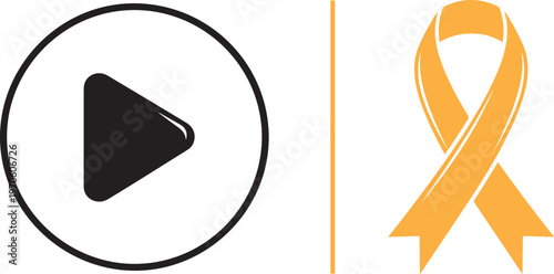 Minimalist vector icons featuring a glossy black play button and a yellow awareness ribbon. Simple graphic design representing video media content and support for social causes or healthcare.