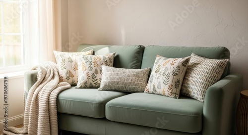 Plush sage green sofa adorned with decorative pillows, creating a cozy and inviting living room space.