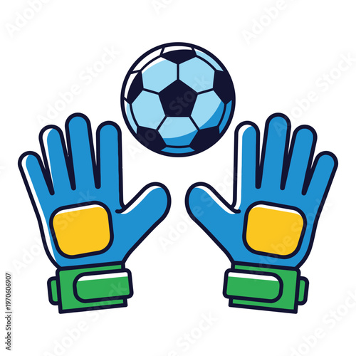 Cartoon blue goalkeeper gloves catching a soccer ball in mid air icon