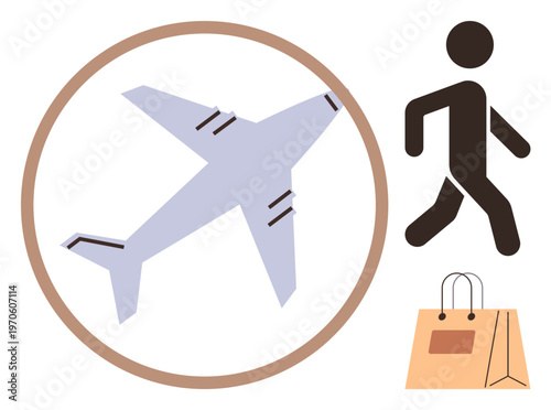 Travel, tourism, consumerism, lifestyle, transportation, retail commerce. Airplane icon in a circle, figure walking shopping bag. Travel and tourism combined with consumerism and retail commerce