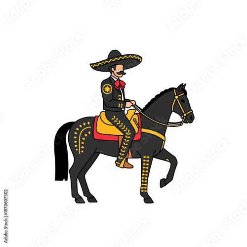 Mexican Charro Horseman Riding a Black Stallion