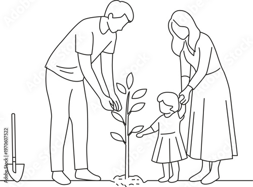Family planting a small tree together in a simple outdoor scene