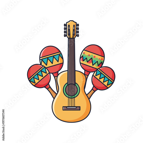 Colorful Mexican guitar and maracas vector illustration