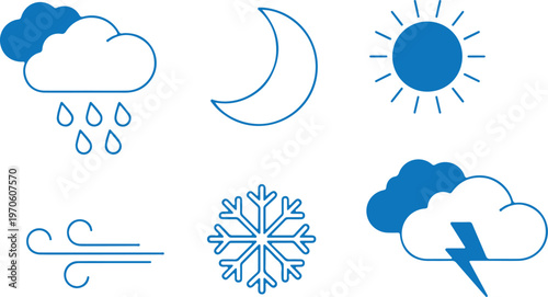 Weather forecast icon set. Rainy, storm, snow, cloudy, sunny, windy, day, night, summer, winter, line, label, collection, logo, symbol, black, flat vector, isolated illustration