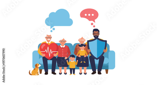 Multi-generational family sitting on a couch discussing health, life insurance, and overall financial protection together.