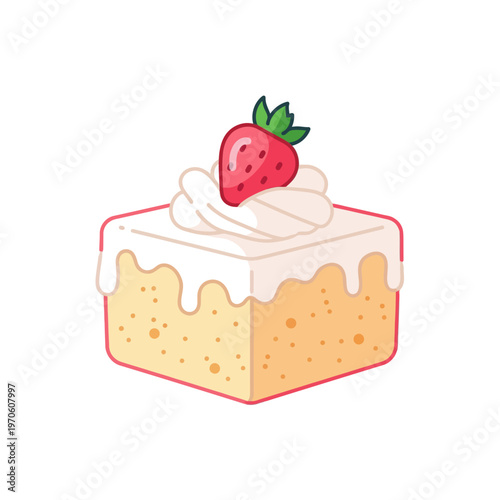 Tres Leches Cake Slice with Strawberry Vector
